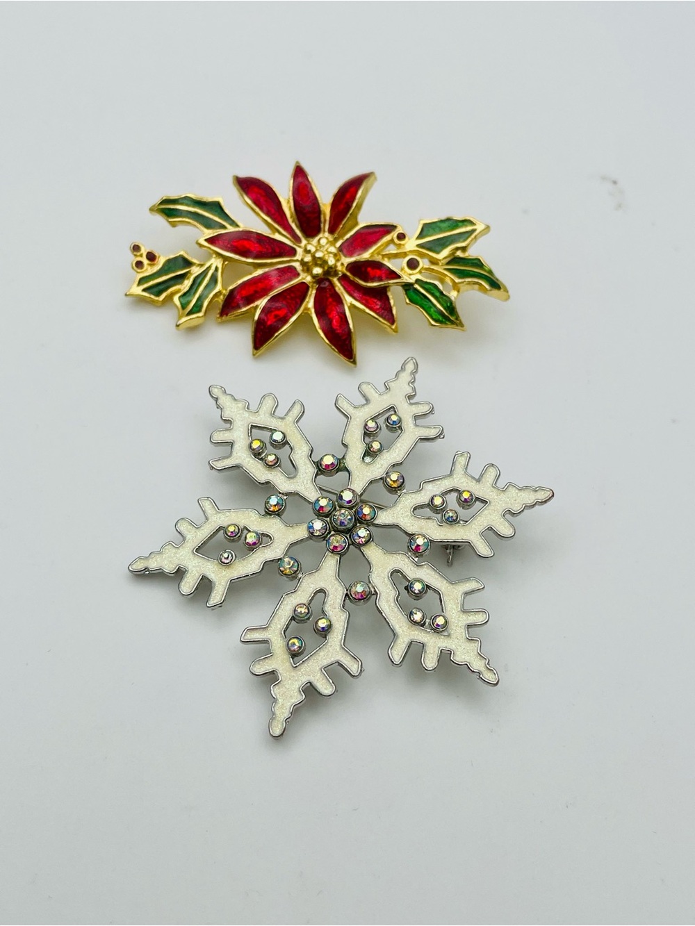 Holiday Enamel Poinsettia Flower and White Snowflake with Crystals Brooch Set